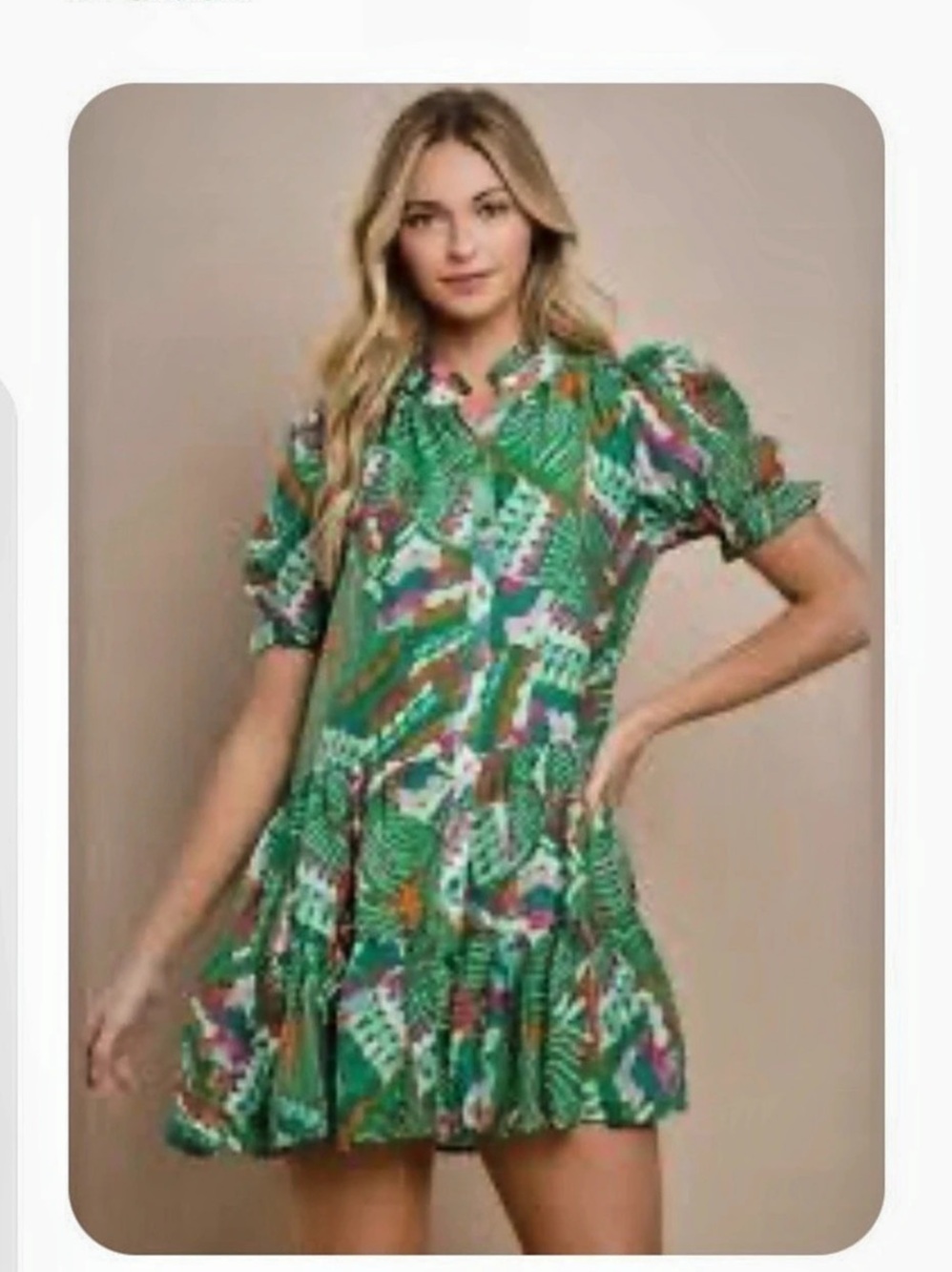 TCEC Abstract Print Ruffle Mini Dress Green Size Large